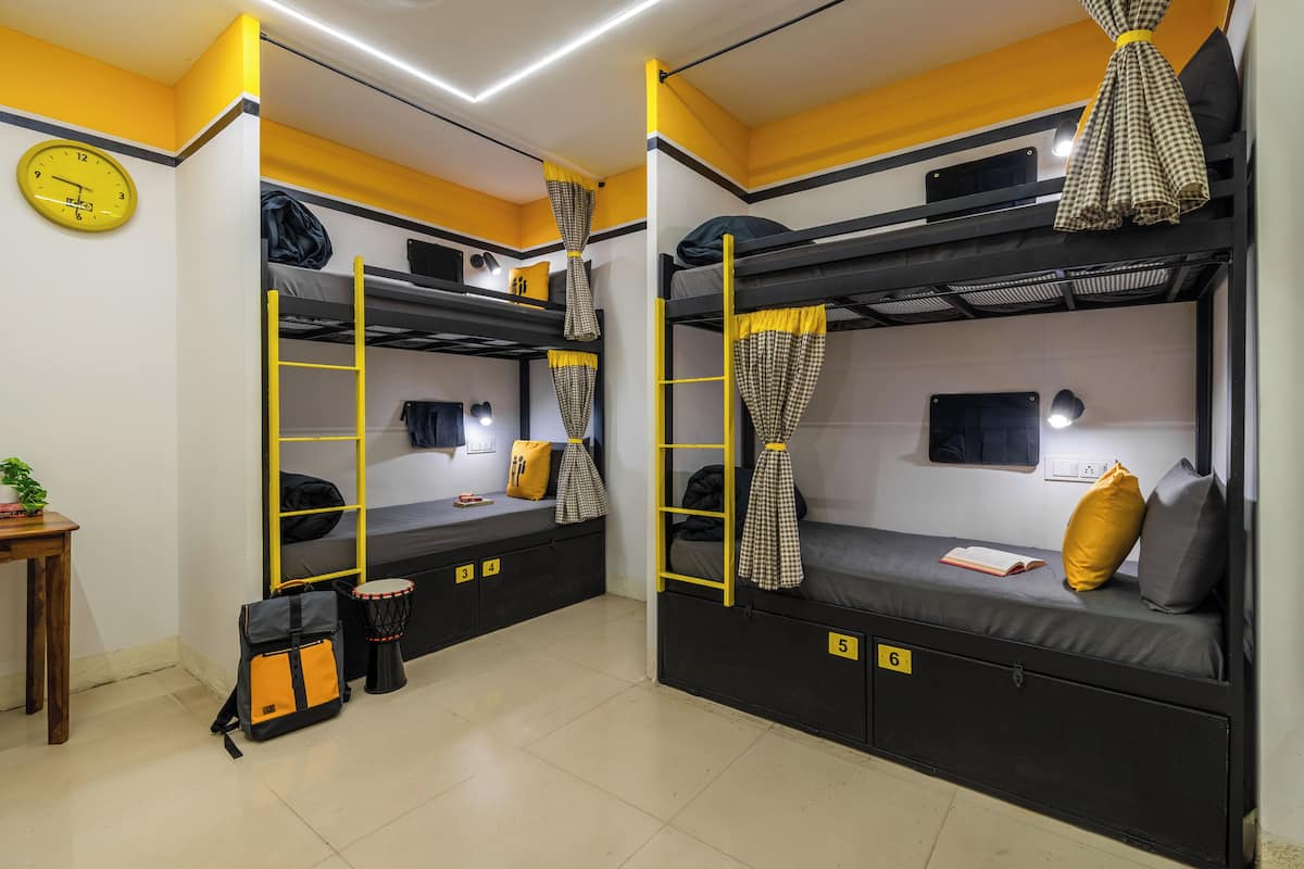 A dormitory room with bunk beds, a clock, a desk, and a plant.
