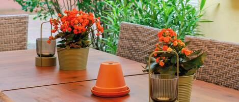 Una mesa de madera con plantas en macetas y un objeto cónico.
