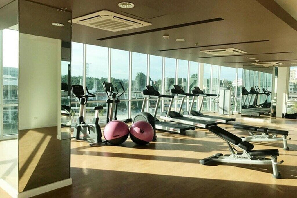 A gym with treadmills, exercise balls, and a large window with a city view.