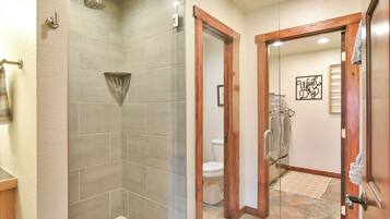Une salle de bain avec une douche, des toilettes et un miroir.