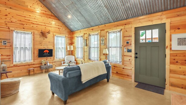 A log cabin interior with a blue sofa, wooden walls, a metal ceiling, and a green door.