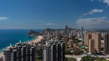 A coastal cityscape with high-rise buildings, a beach, and a prominent hill.
