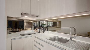 Fridge, microwave, stovetop, toaster