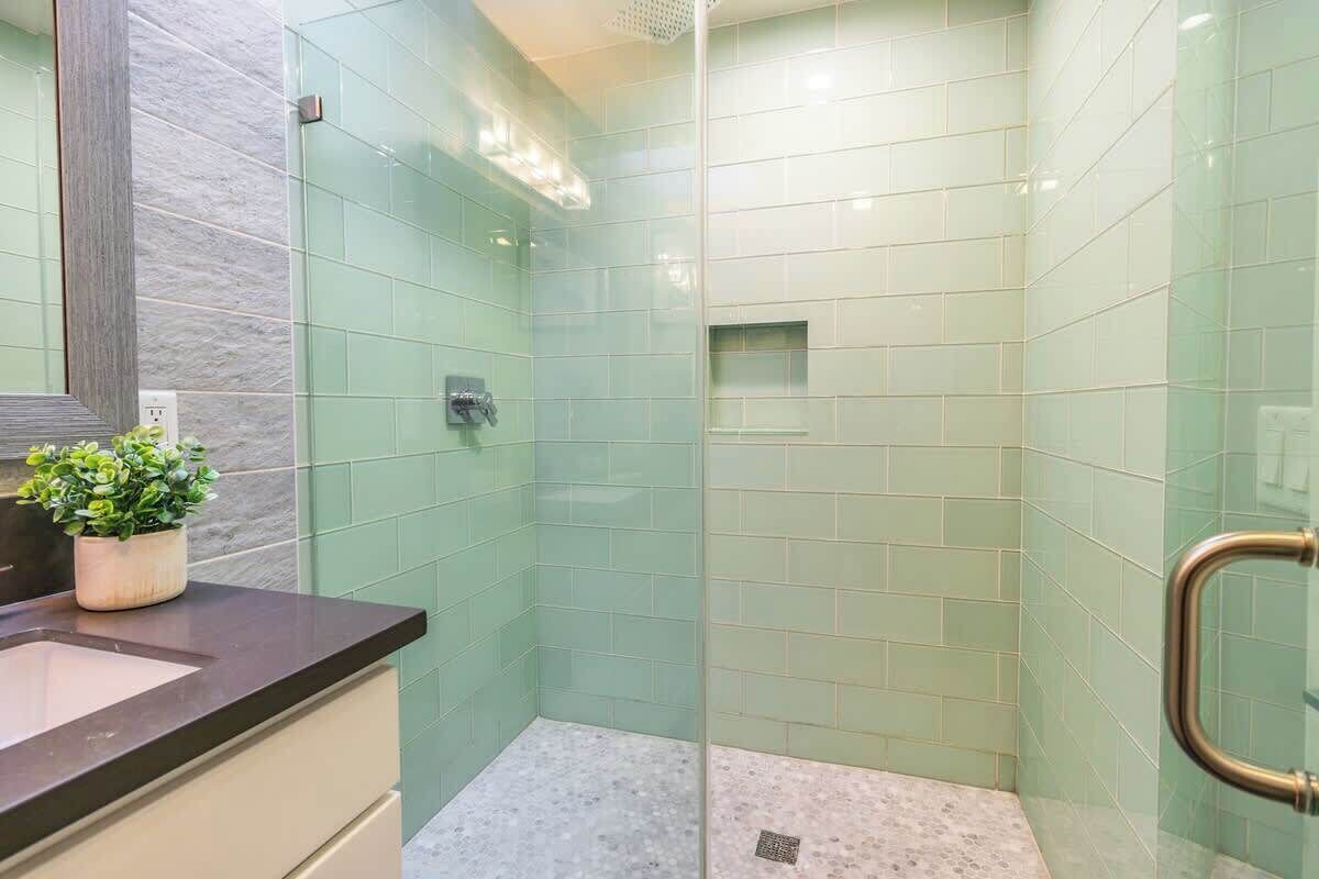Shower, hair dryer, shampoo