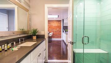 Shower, hair dryer, shampoo