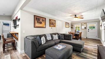 Een televisie, een open haard en boeken