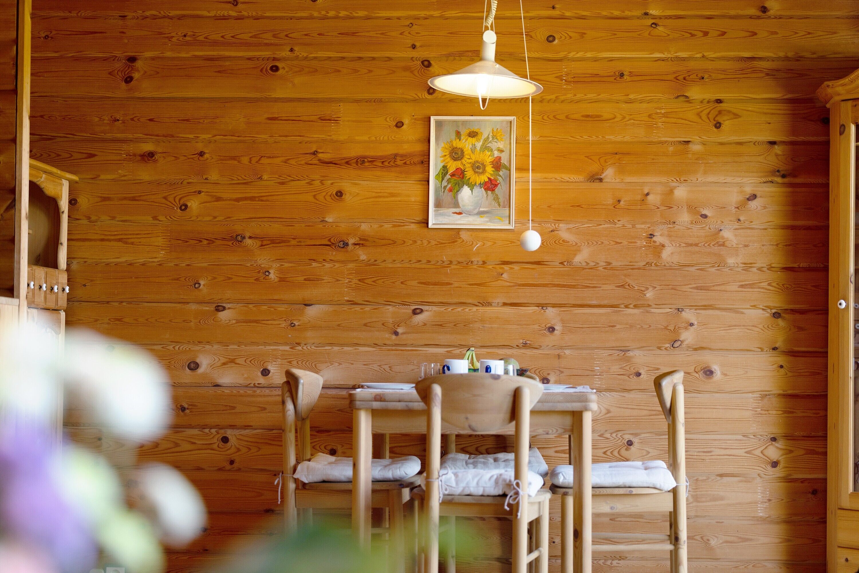 Een houten hut interieur met een eettafel, stoelen, een hanglamp en een lijst met een schilderij aan de muur.