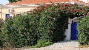 A building with a red-tiled roof, a blue door, and a garden with red flowers.