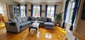 智能电视、壁炉、DVD 播放器、书