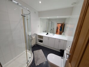Shower, towels, toilet paper