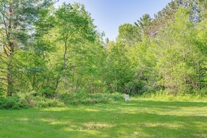 A grassy field with a white chair and dense trees in the background. - Cozy Cottage: Near Ski Bretton Wood & Franconia (Bethlehem)
