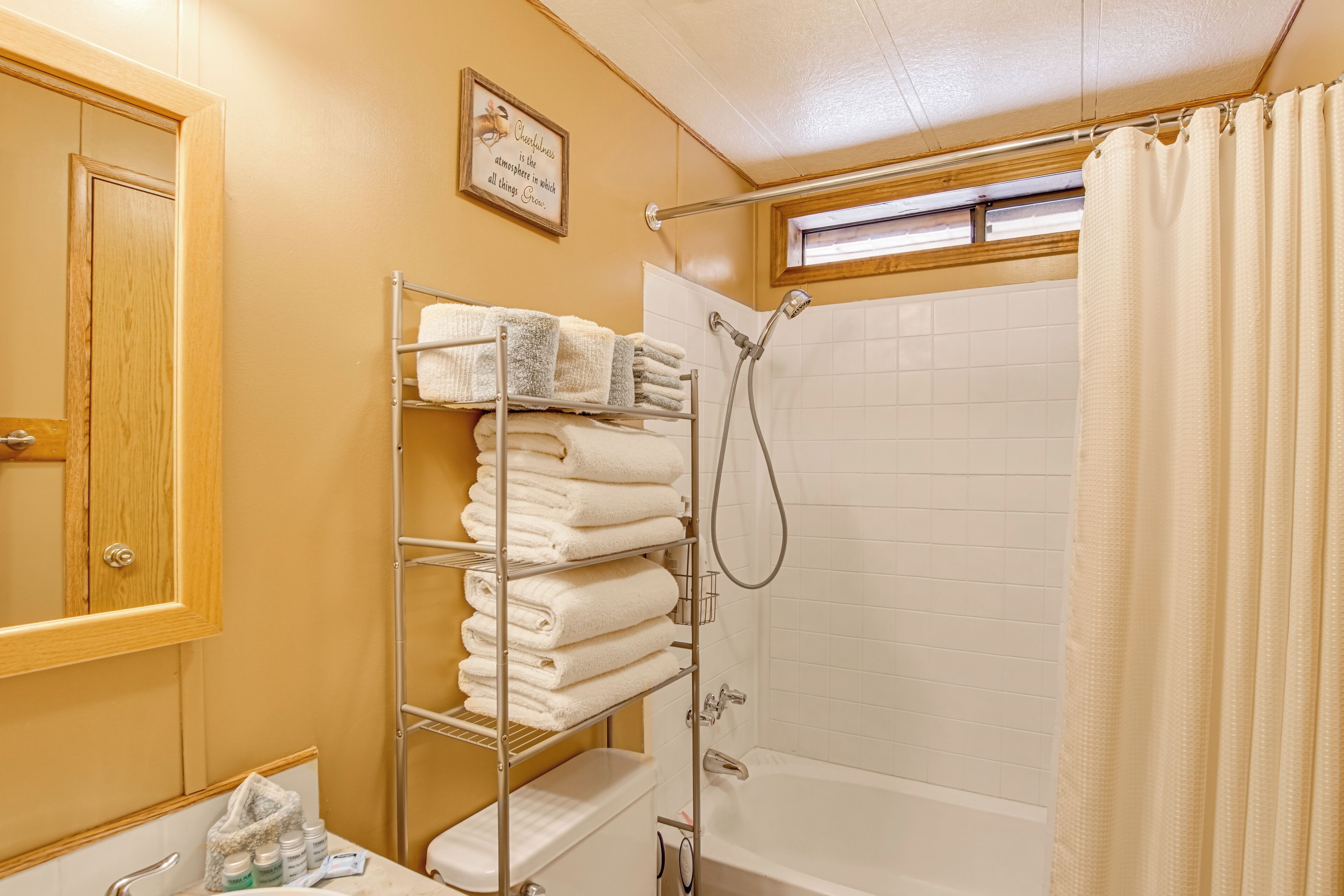 A bathroom with a shower, a towel rack, a toilet, and a sink.