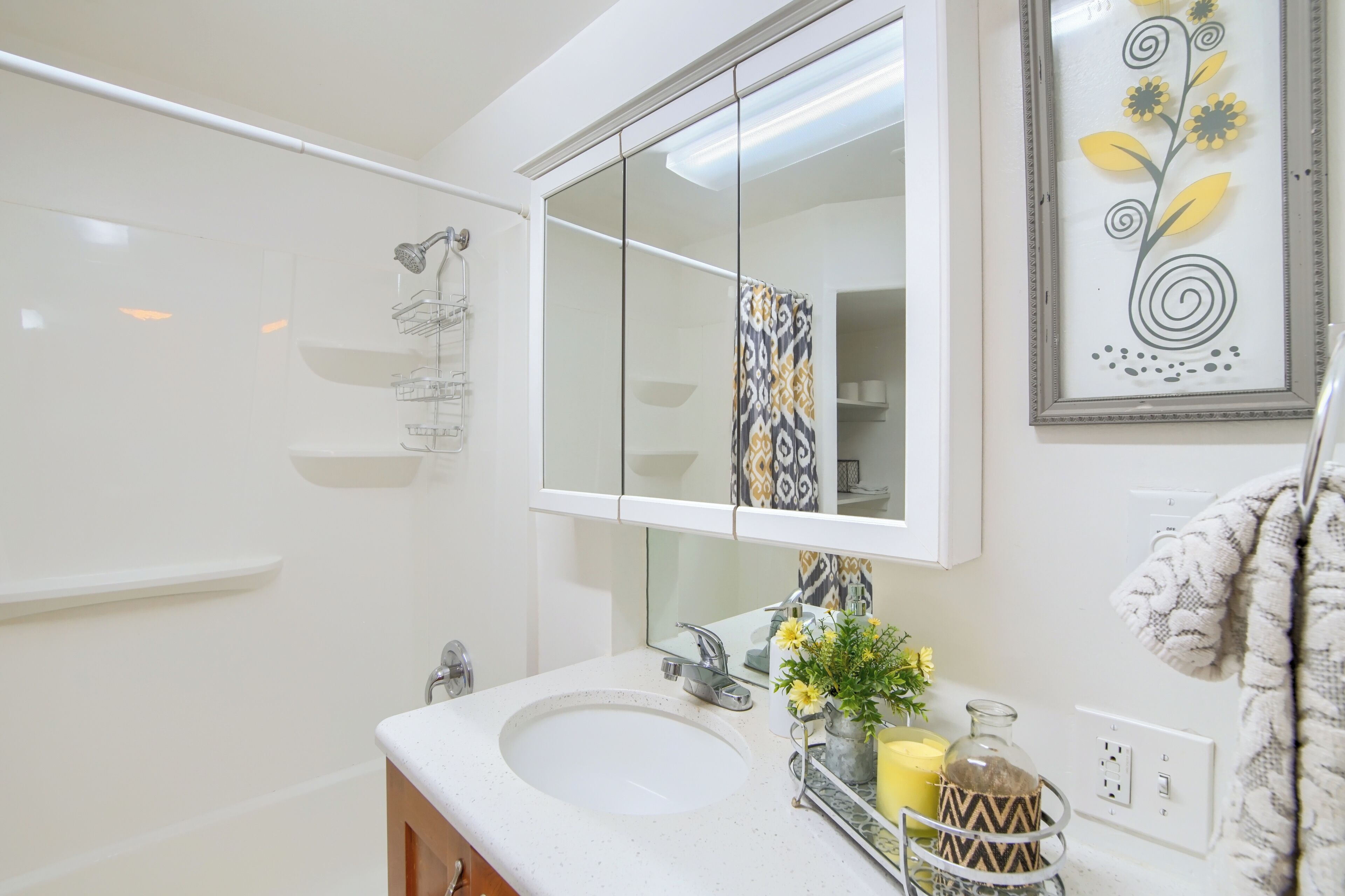 Une salle de bain avec un lavabo blanc, un miroir et une douche. On y trouve un porte-serviettes et une œuvre d’art encadrée accrochée au mur.
