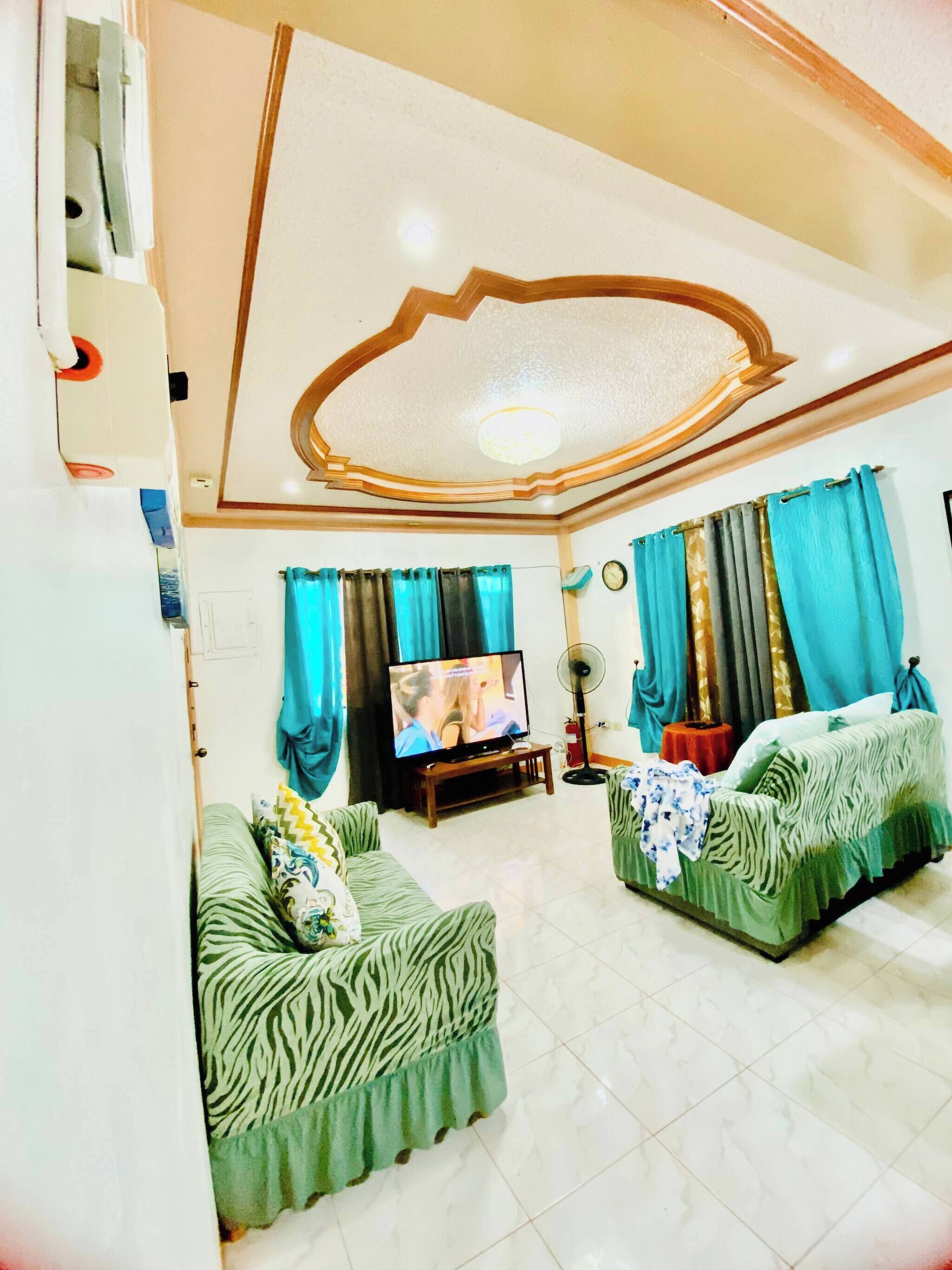 A living room with two green sofas, a television, and a ceiling fan.