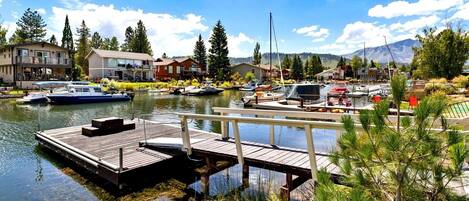A marina with boats docked, a wooden pier, and houses in the background.