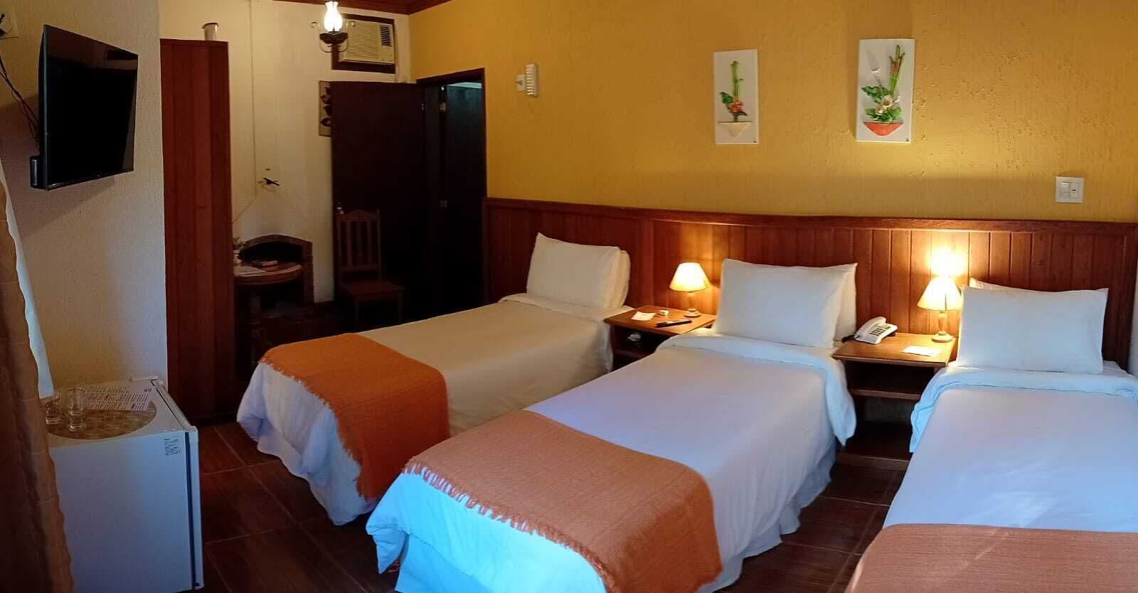 Habitación de hotel con dos camas, televisión, escritorio y una silla.