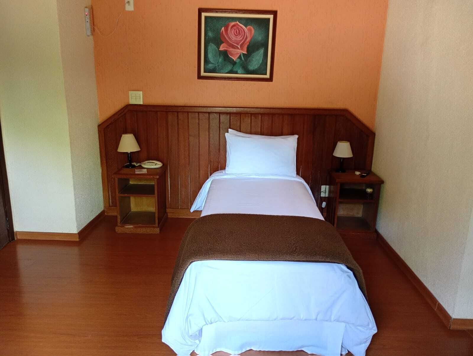 A hotel room with a wooden headboard, a single bed with white bedding, two bedside tables with lamps, and a framed picture of a rose on the wall.