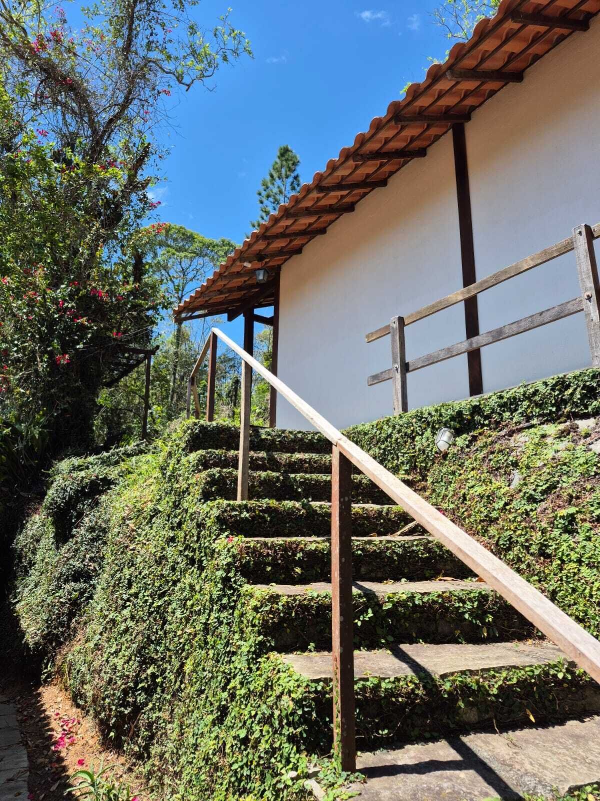 Una escalera conduce a un edificio con techo de tejas, rodeado de follaje.
