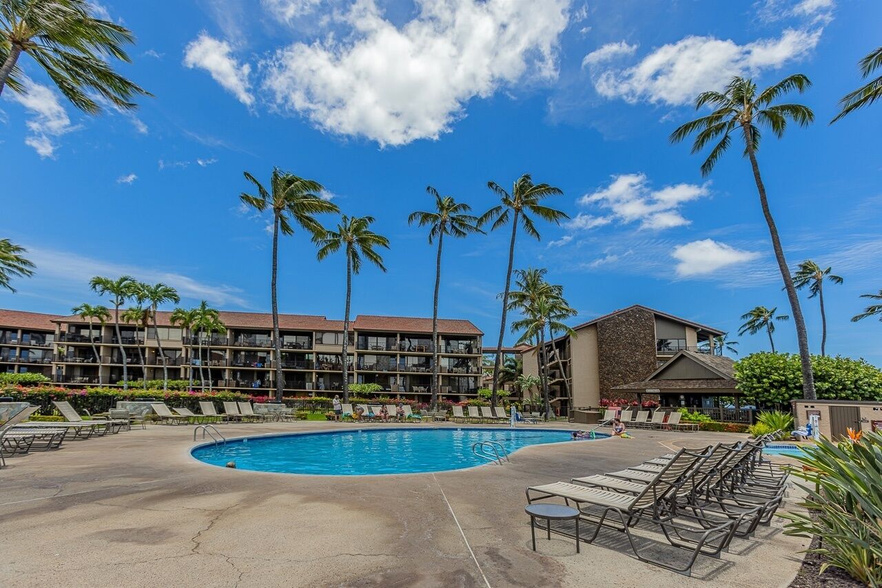 Un hôtel doté d’une piscine, de palmiers et surplombant un ciel bleu azur.