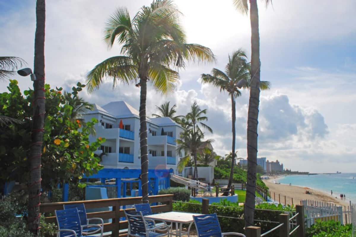 A beachfront hotel with palm trees, a beach, and a view of the ocean.