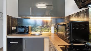 Fridge, microwave, oven, stovetop