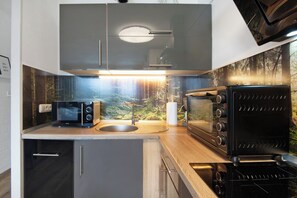 Fridge, microwave, oven, stovetop