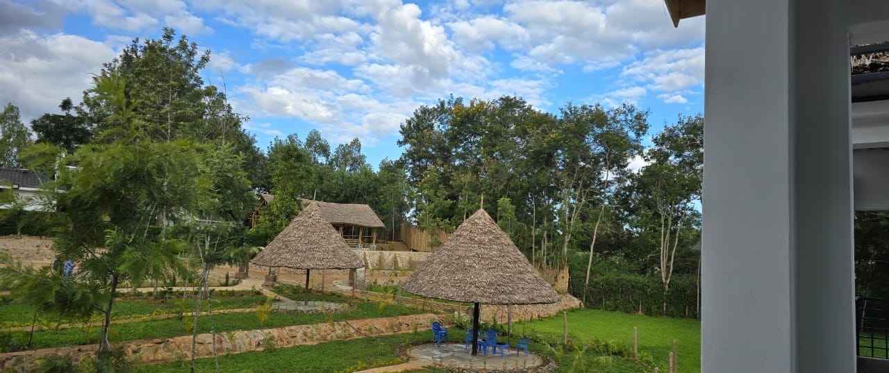 A rural setting with thatched-roof huts and a garden.
