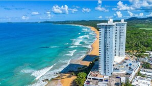 A high-rise hotel with a beach view, a parking area, and a landscaped garden.