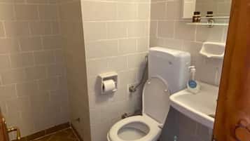Dusche, Haartrockner, Hausschuhe, Handtücher