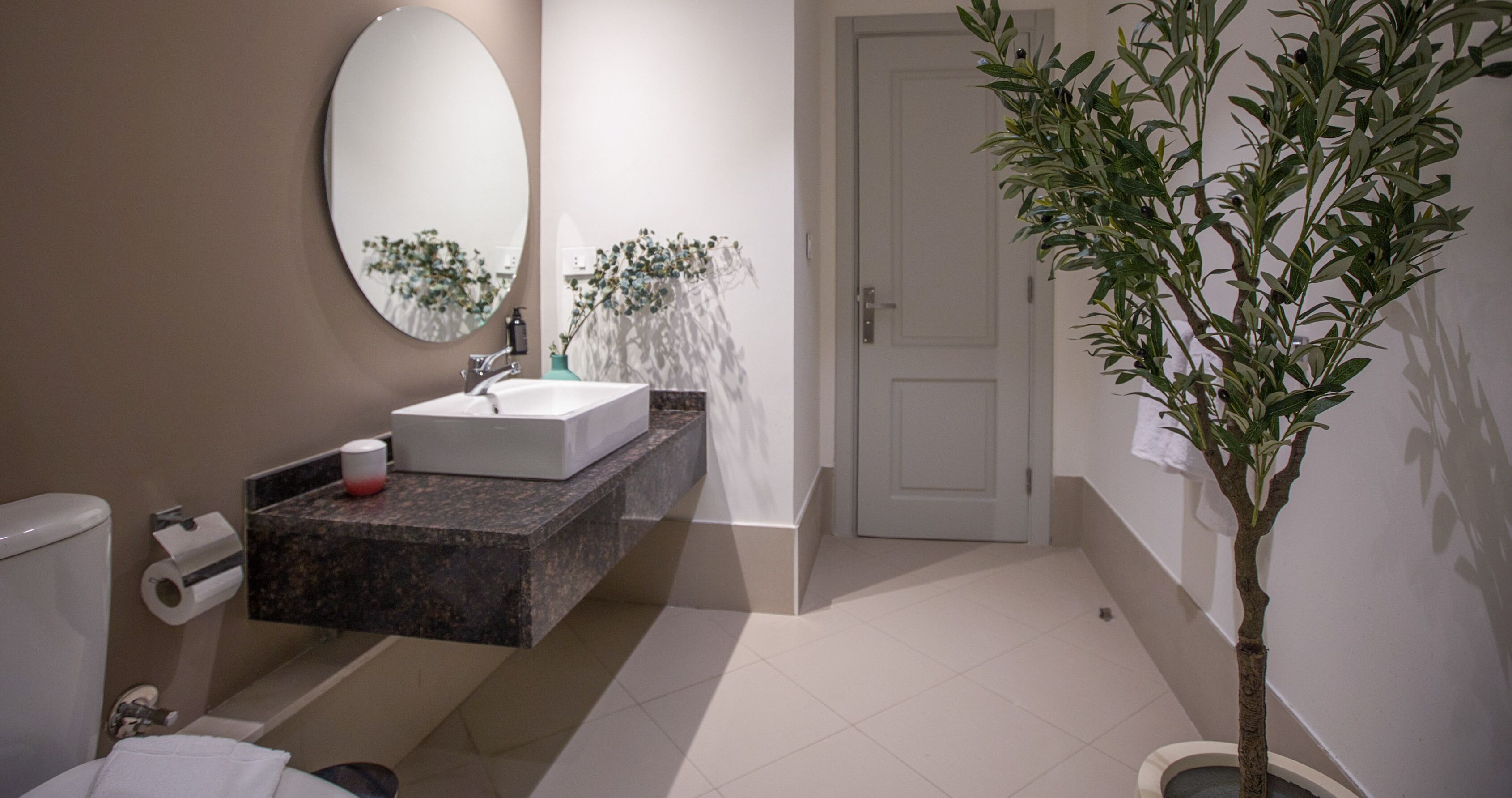 A modern bathroom with a white sink, a large mirror, and a potted plant.