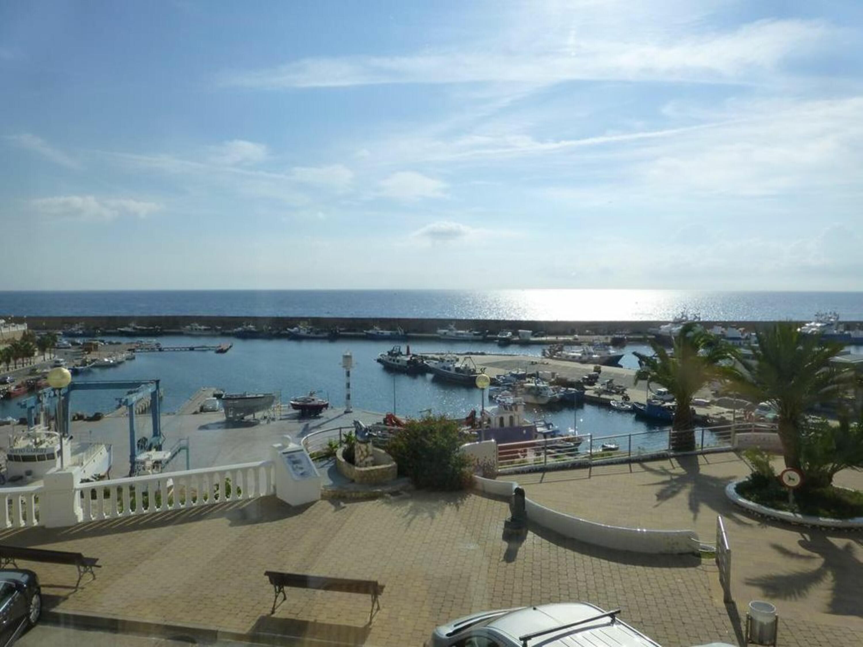 Un puerto deportivo con barcos amarrados, cielo despejado y un paseo pavimentado que conduce al agua.