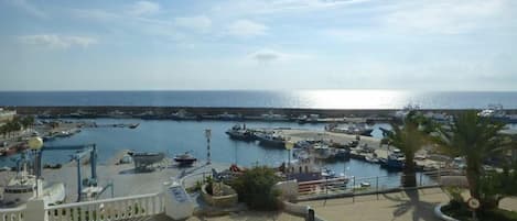 Un puerto deportivo con barcos amarrados, cielo despejado y un paseo pavimentado que conduce al agua.