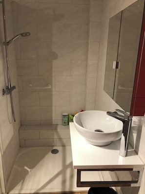 Shower, hair dryer, towels, toilet paper