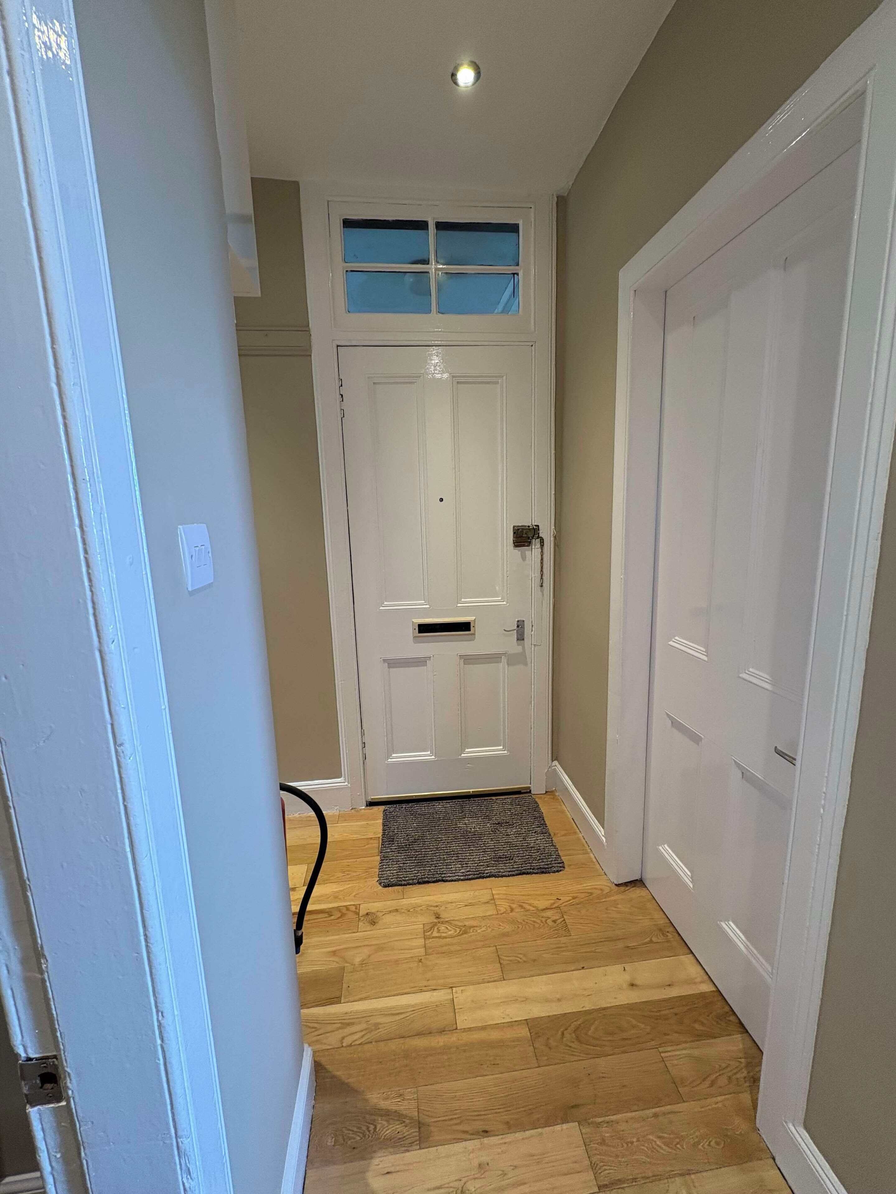 A hallway with a white door, a small rug, and wooden flooring.