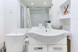 Shower, hair dryer, towels