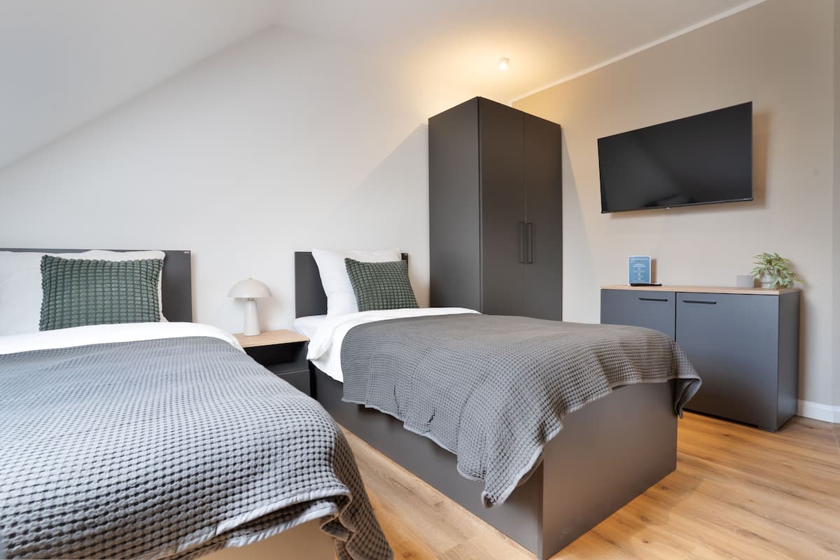 A modern bedroom with two beds, a TV, and a wardrobe.