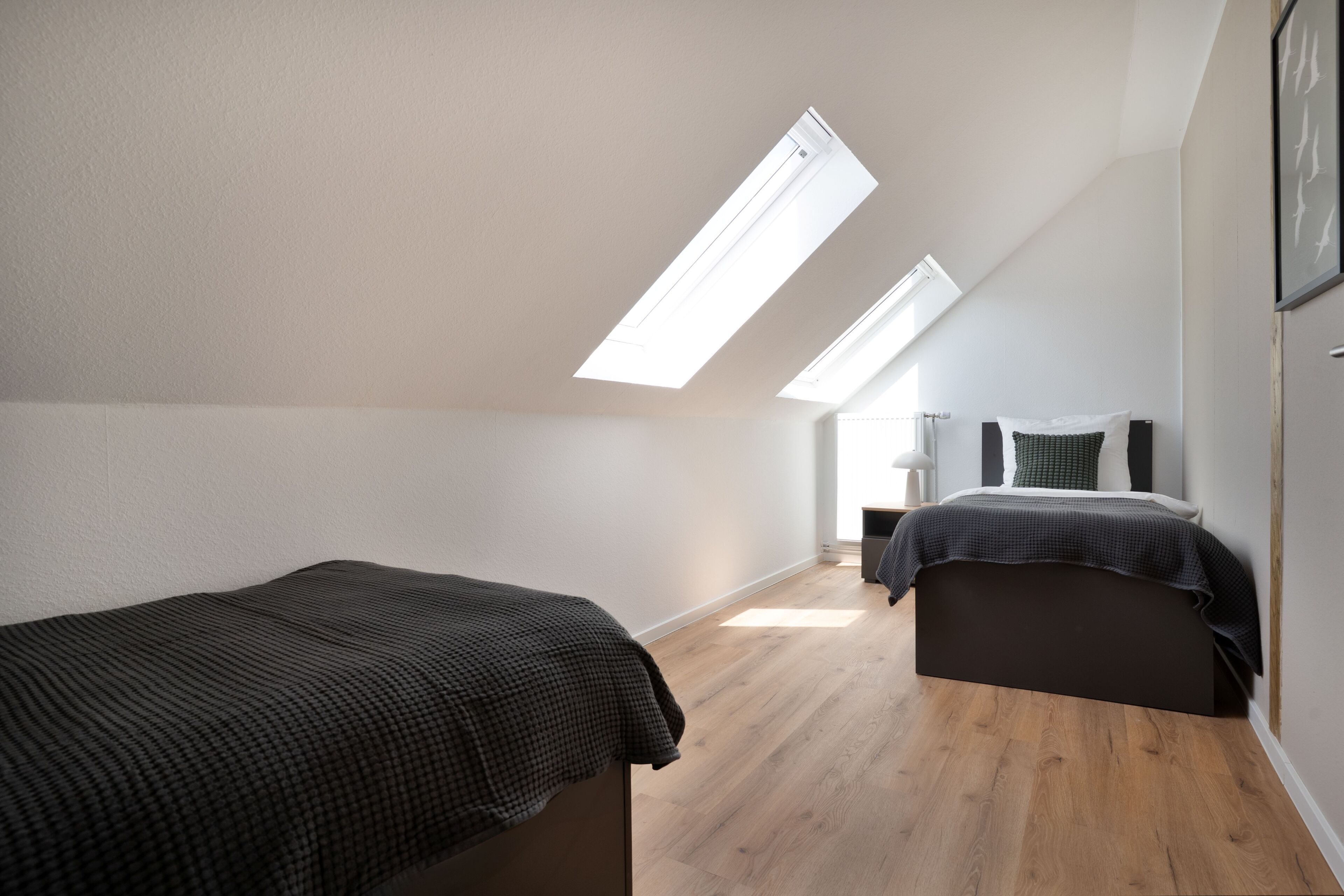 A bedroom with a sloped ceiling, skylights, a bed, a bedside table, and a nightstand.