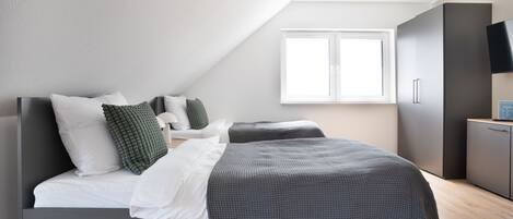 A modern bedroom with a bed, pillows, a window, a TV, and a wardrobe.