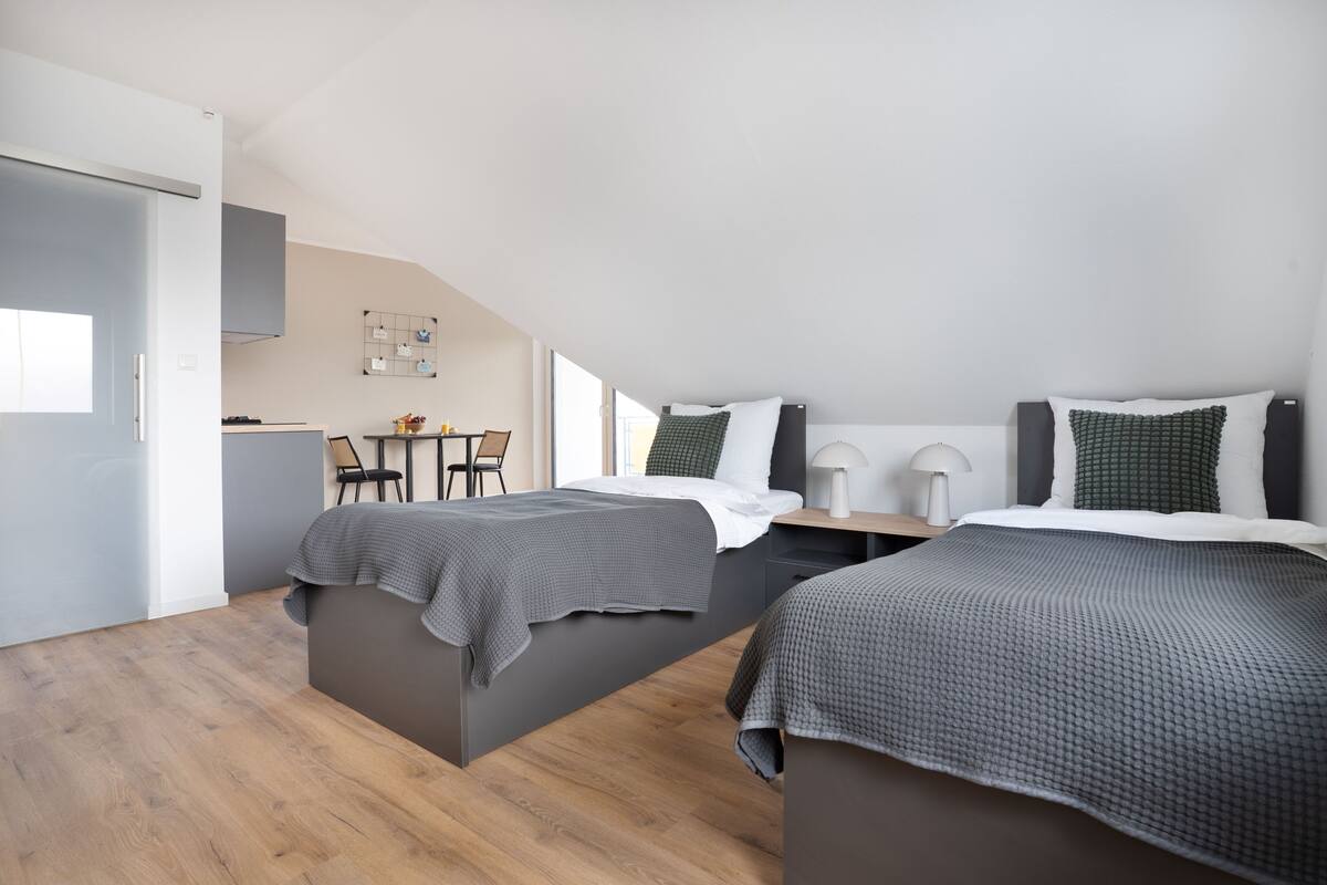 A modern, compact bedroom with two beds, a desk, and a chair.