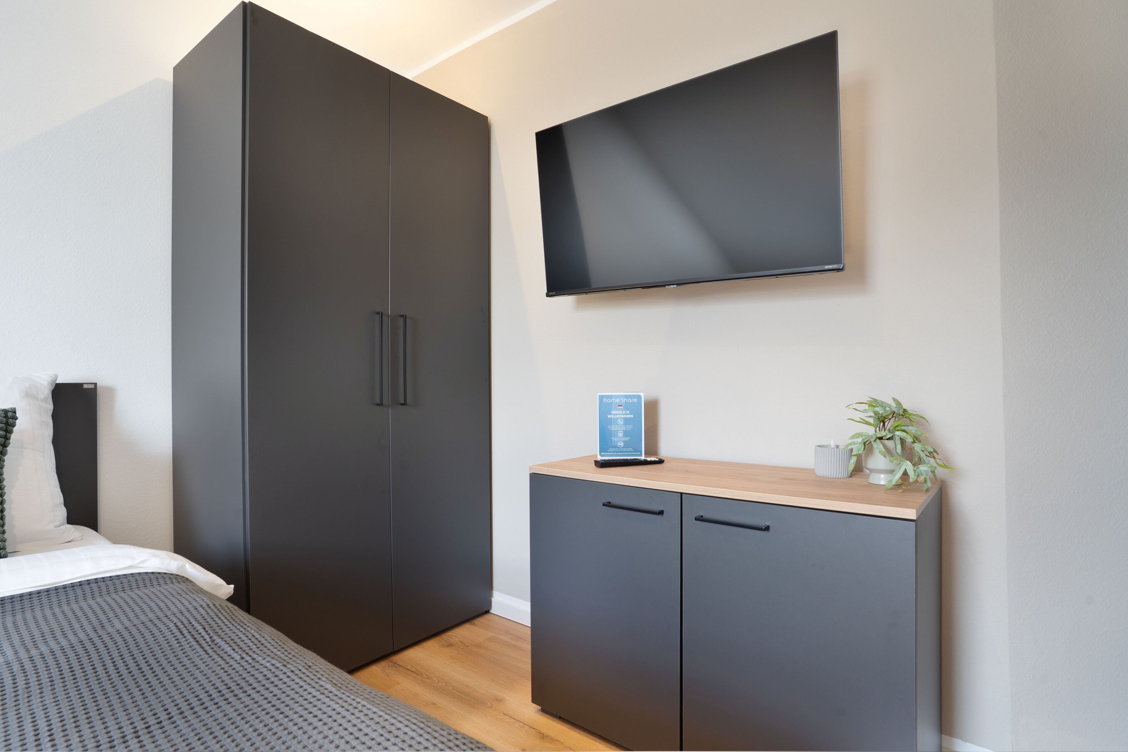 A modern bedroom with a bed, a wardrobe, a television, and a small table with a plant.