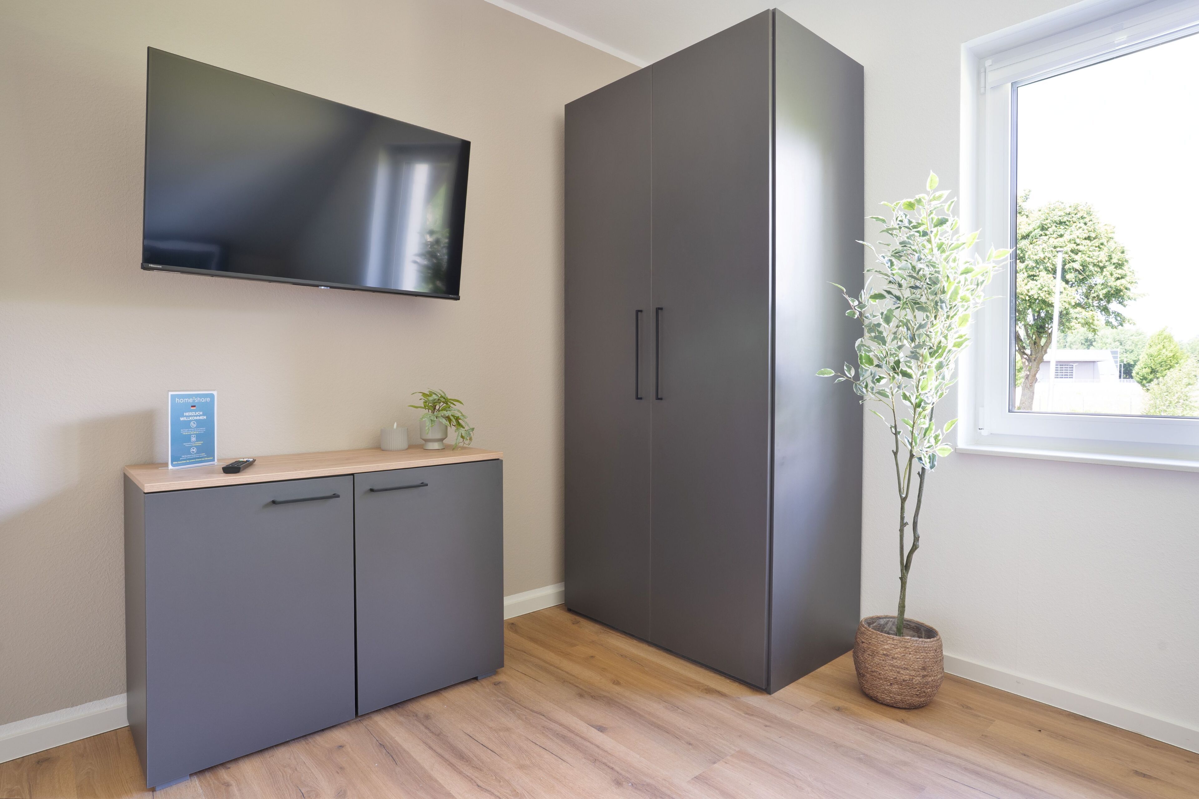 Een kamer met een wandgemonteerde flatscreen televisie, een grijze garderobe, een klein houten kastje met een afstandsbediening en een potplant bij een raam.