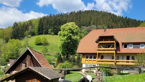 A wooden goat on a wooden bench in a rural setting with a house and a mountain in the background.