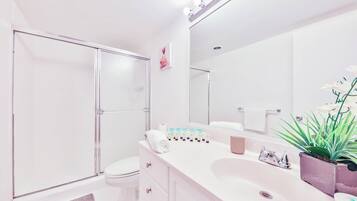 Hair dryer, towels, soap, shampoo