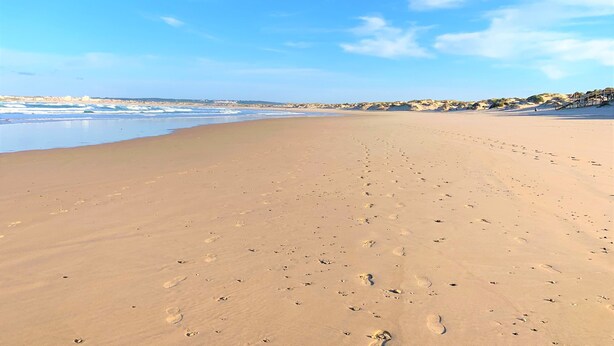 Een breed zandstrand met voetstappen die naar de oceaan leiden, onder een heldere lucht.