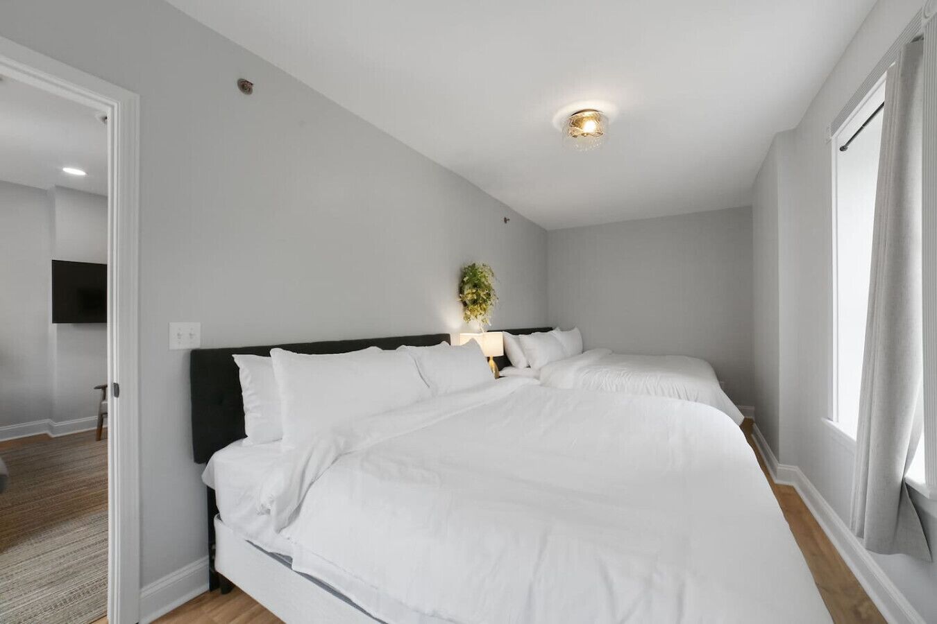 Une chambre d’hôtel avec un grand lit, une table de chevet avec une lampe, une plante en pot et un téléviseur fixé au mur.