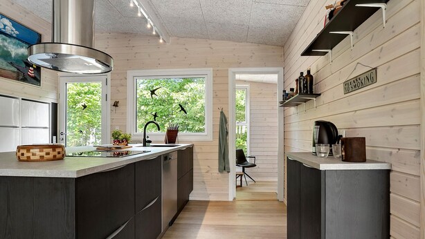 A modern kitchen with wooden walls, a central island, and a view of greenery outside. - Beautiful Home In Ebeltoft With Sauna (Ebeltoft)