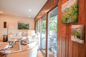 Smart TV, fireplace, books