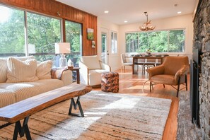 Smart TV, fireplace, books