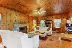 TV, fireplace - Lakefront cabin at Lake Lure with grill, boathouse, dock & porch (Lake Lure)