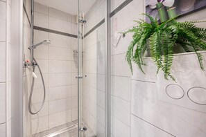 Shower, hair dryer, towels